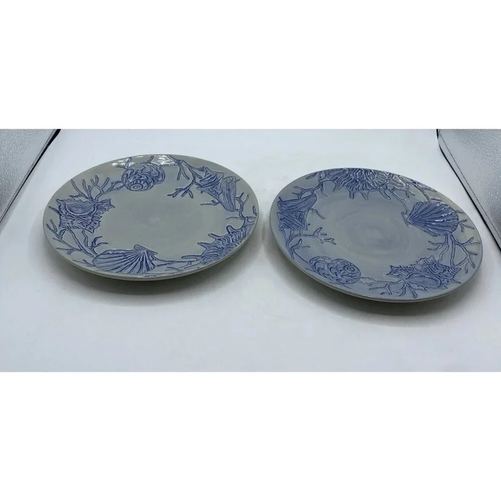 Pottery Barn Salad Plate Dessert Blue Shell Ocean Beach Coastal Coral  8
